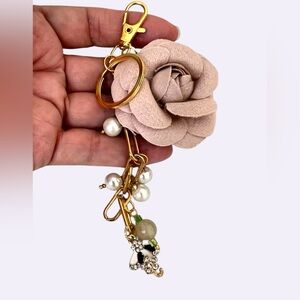 Tan Flower Keychain with Gold Hardware and Pearls